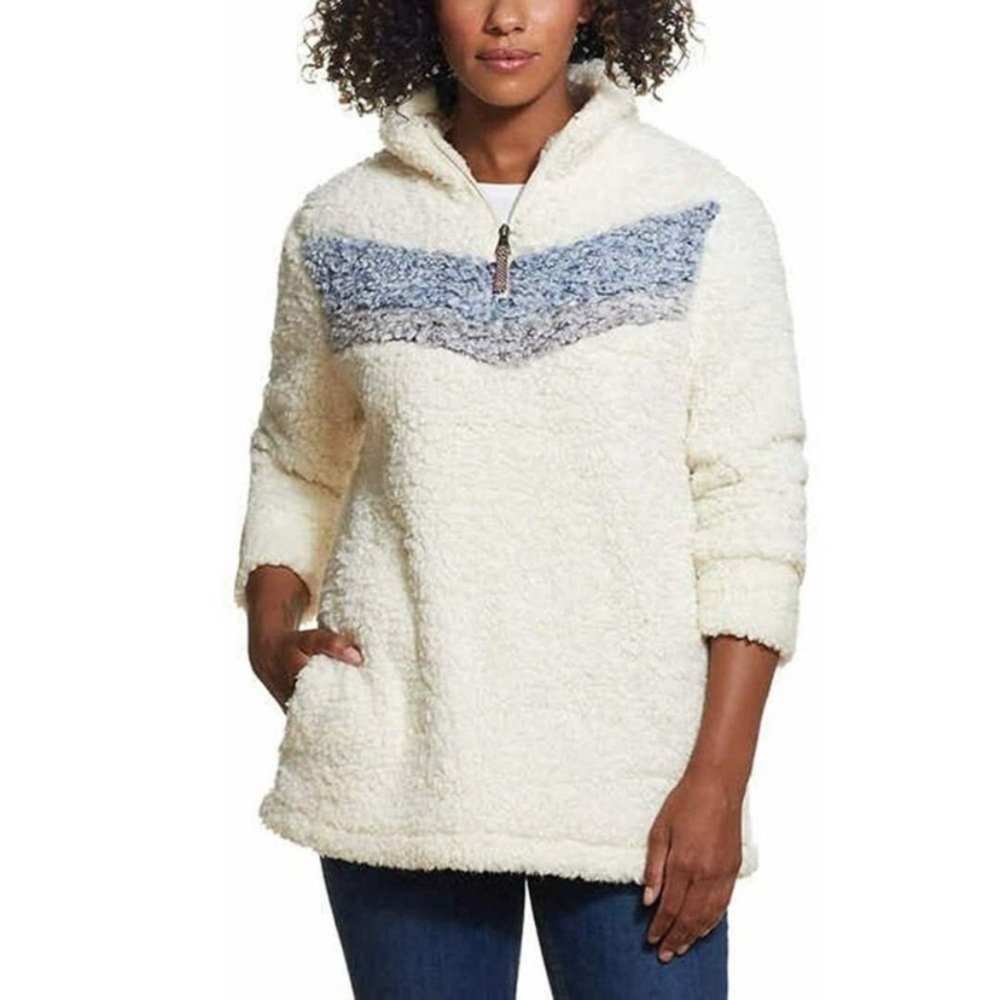 Weatherproof Cream Chevron 1/4 Zip Faux Fur Sherpa Lined Pullover Women’s Small - Picture 1 of 10